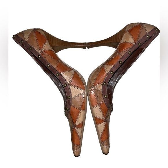 Carlos Santana Puzzled 6M 60s Style Brown Leather Patchwork Studded Pump Heels - Picture 4 of 7